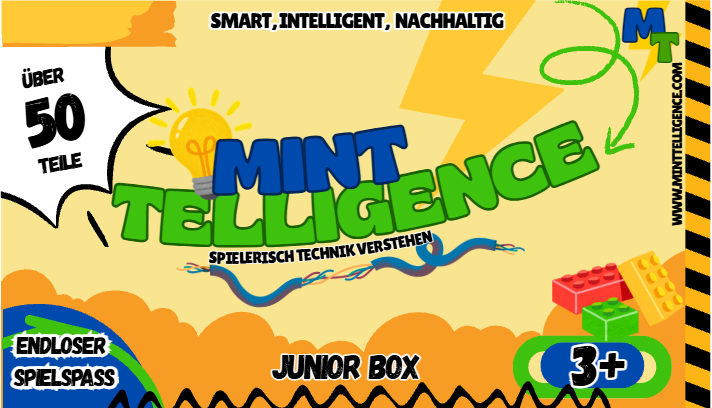 Verpackung der Minttelligence Junior Box mit Glühbirne, Kabeln und bunten Bausteinen